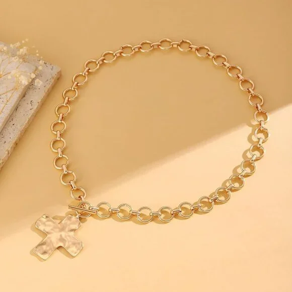 Women Gold 04 Pearl Cross Necklace - Chunky Gothic Punk Vintage Cross Jewelry - Picture 9 of 9